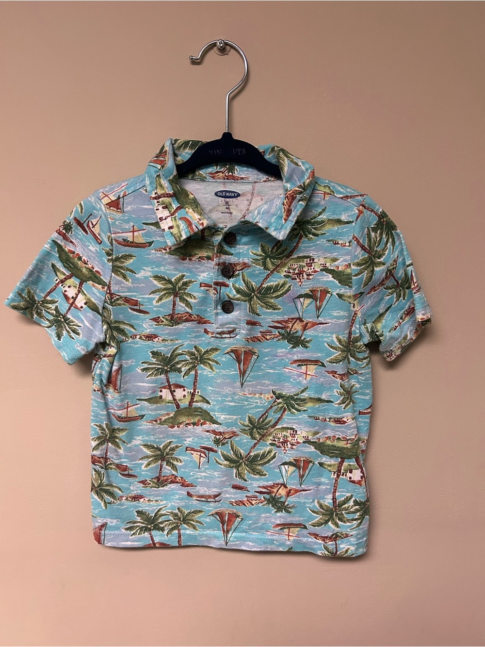 3/$16 Old Navy Light Blue Tropical Print Polo with Palms